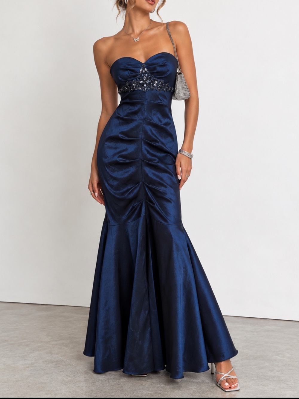 Cache Vintage Y2K Navy Blue Strapless Beaded Mermaid Gown Dress Size 12